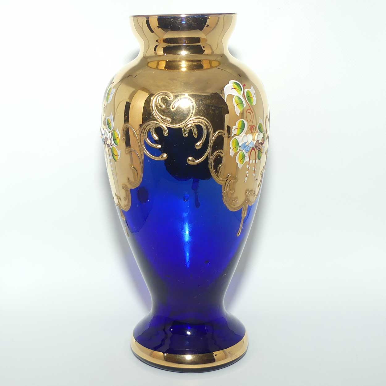 Hand enamelled floral decoration Blue and Gilt vase | Made in Italy
