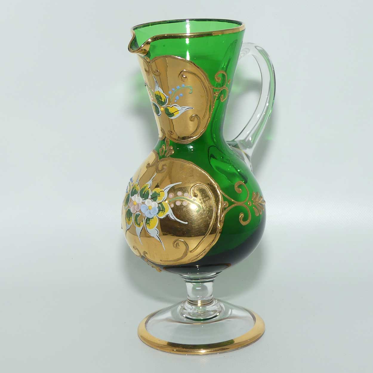Venetian Hand Painted Floral decoration and Gilt on Emerald Green jug