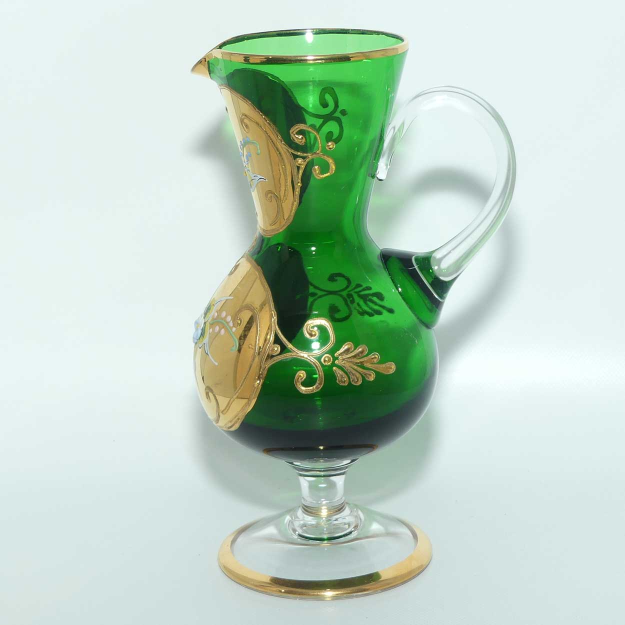 Venetian Hand Painted Floral decoration and Gilt on Emerald Green jug