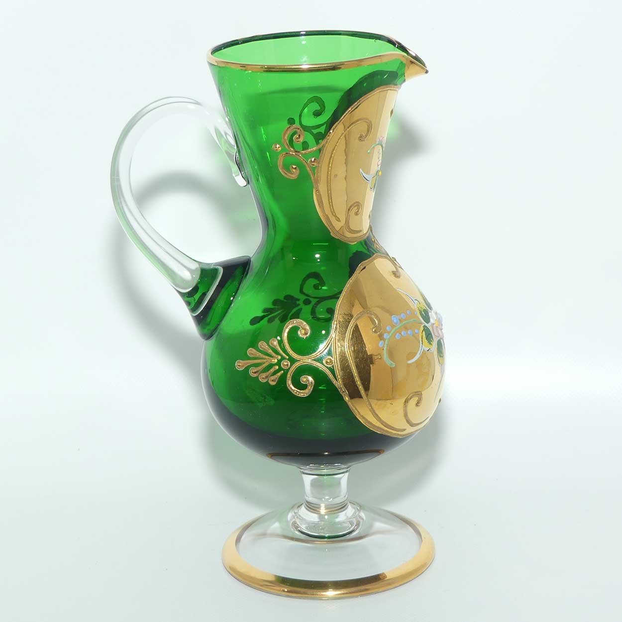 Venetian Hand Painted Floral decoration and Gilt on Emerald Green jug