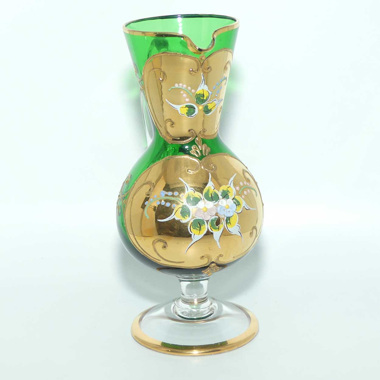 Venetian Hand Painted Floral decoration and Gilt on Emerald Green jug