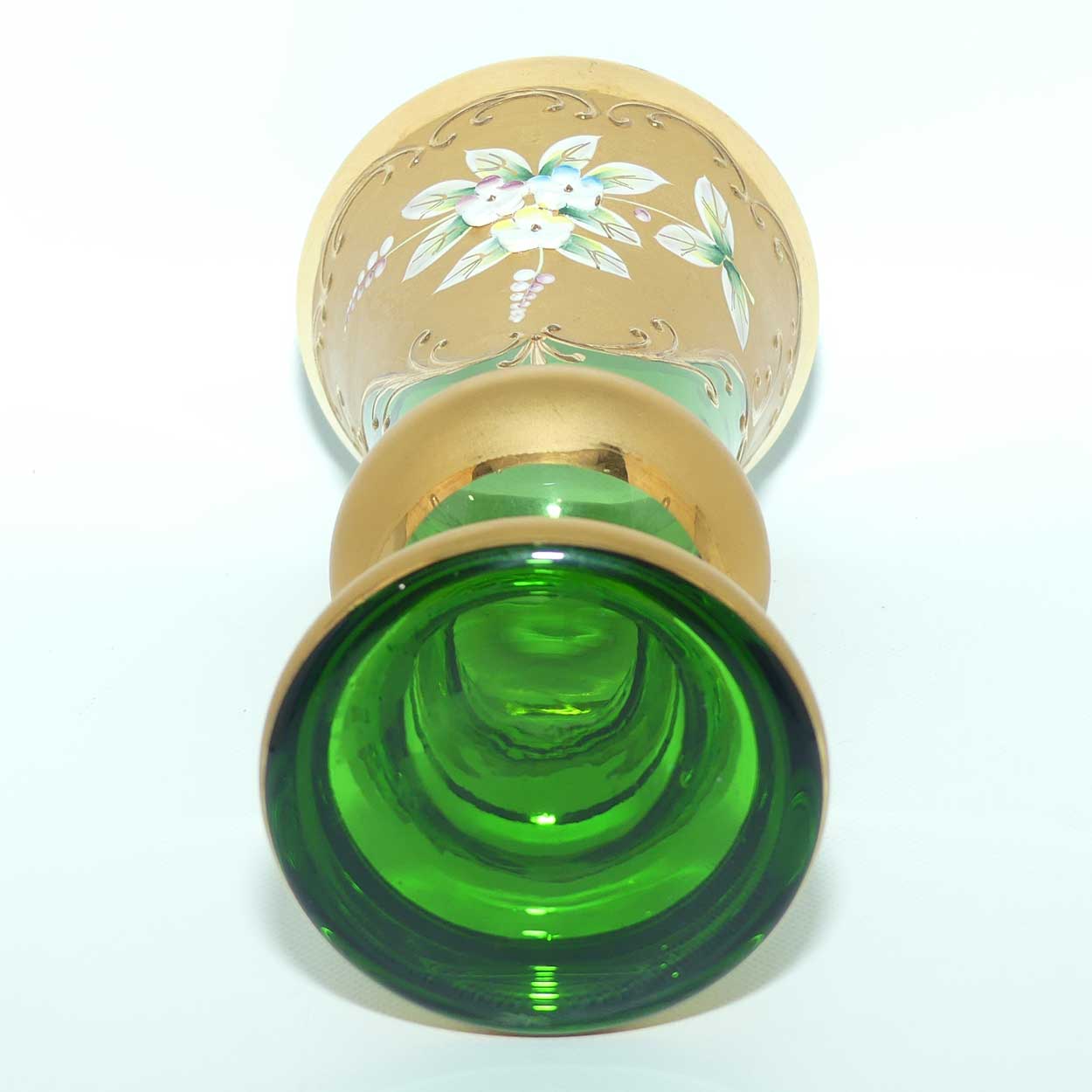 Venetian Hand Painted Floral decoration and Gilt on Emerald Green vase