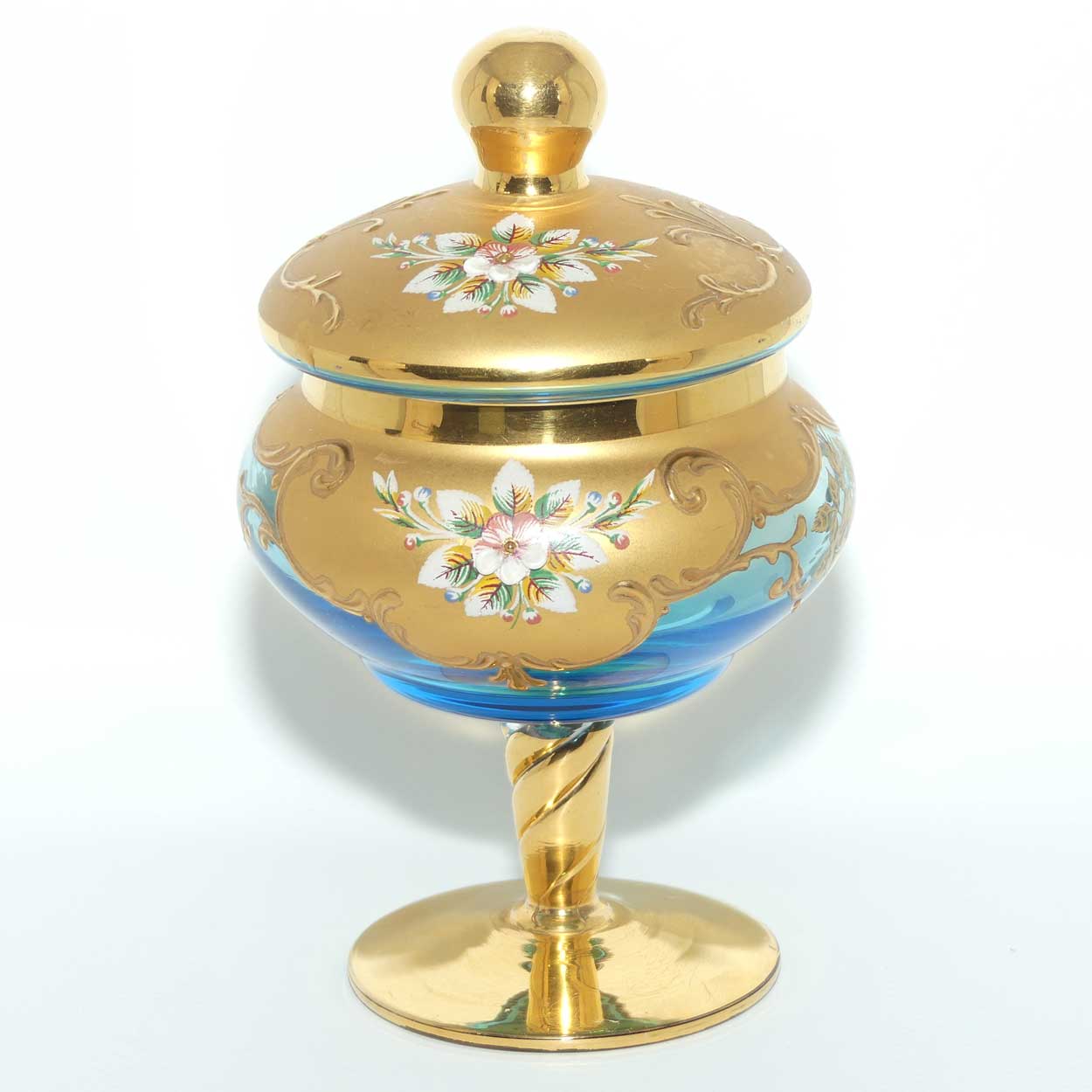 Venetian Hand Painted Floral decoration and Gilt on Aquamarine glass lolly jar