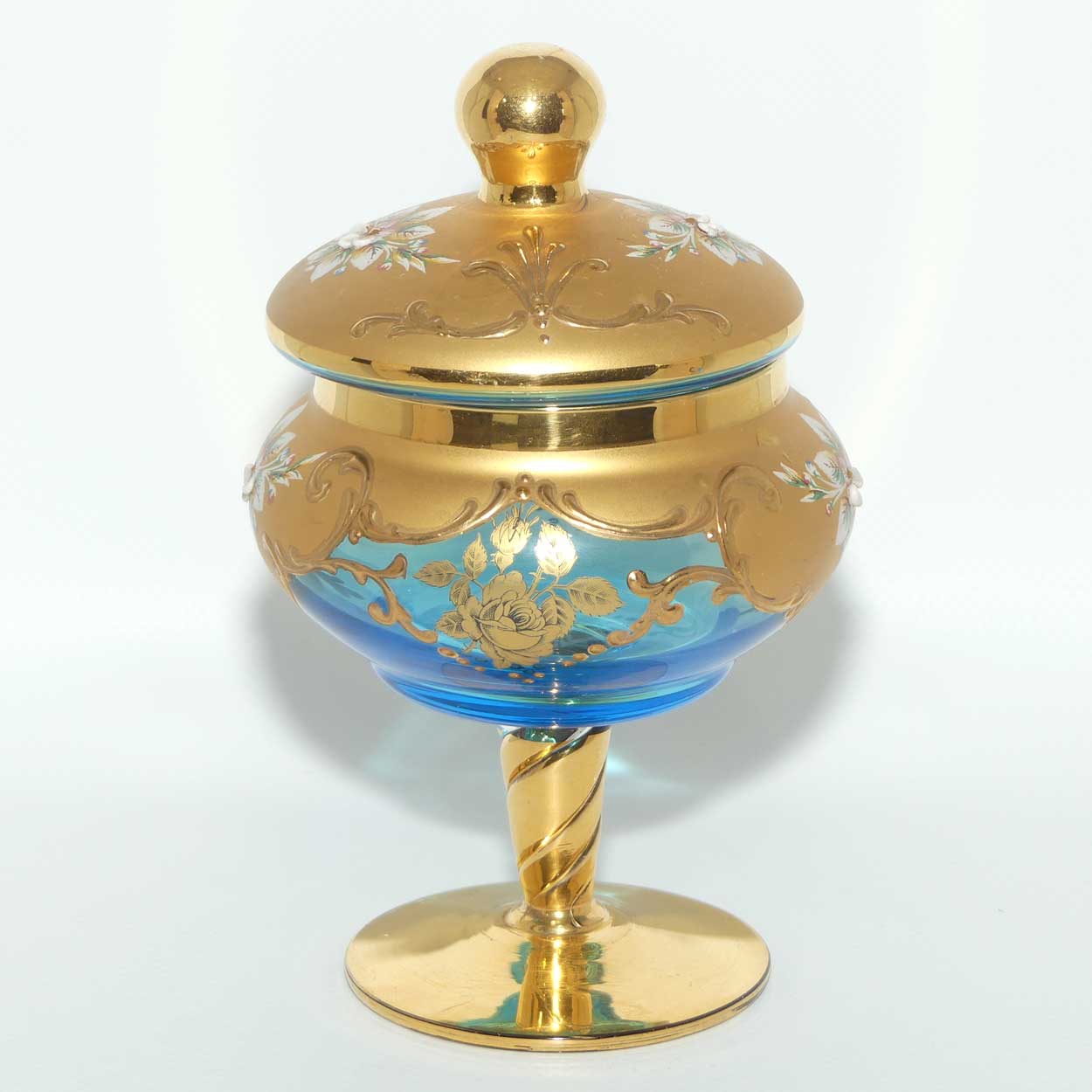 Venetian Hand Painted Floral decoration and Gilt on Aquamarine glass lolly jar