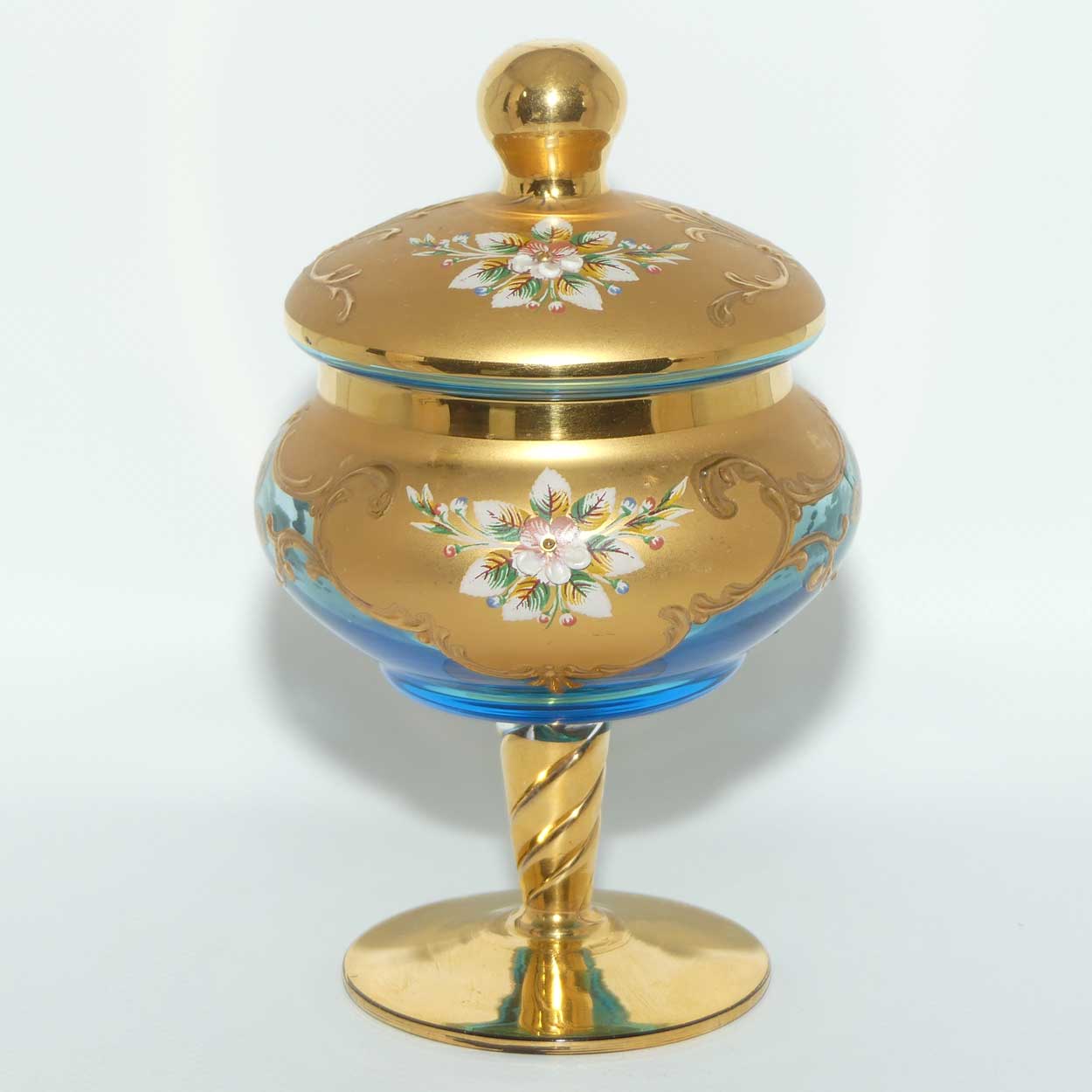Venetian Hand Painted Floral decoration and Gilt on Aquamarine glass lolly jar