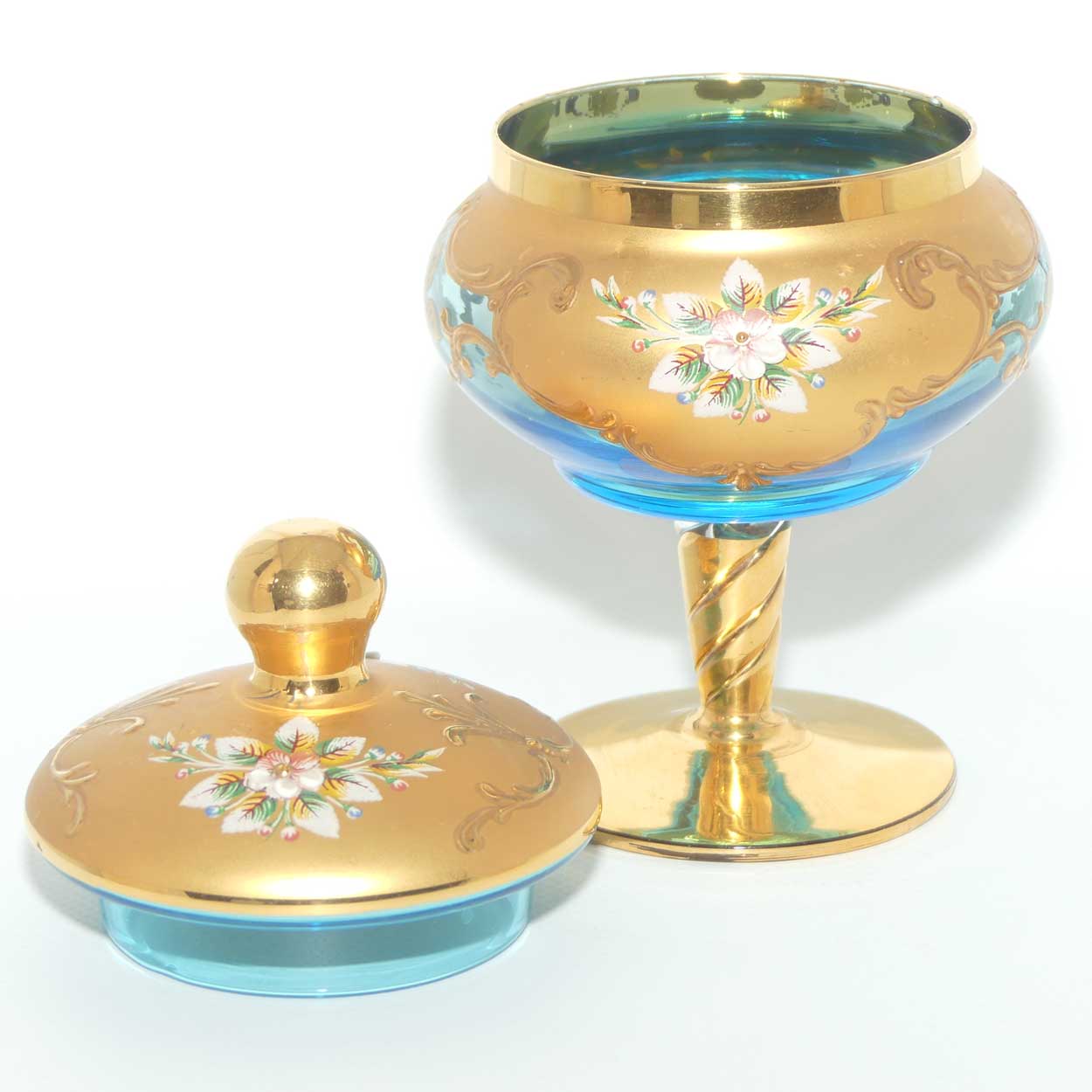 Venetian Hand Painted Floral decoration and Gilt on Aquamarine glass lolly jar