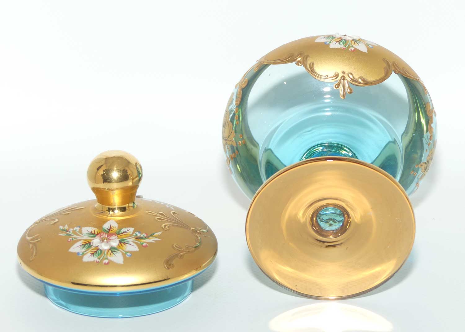 Venetian Hand Painted Floral decoration and Gilt on Aquamarine glass lolly jar