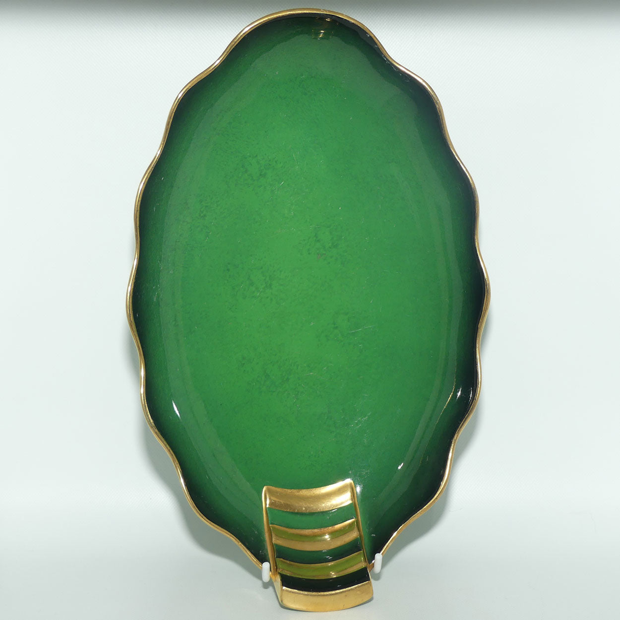 Carlton Ware Vert Royale oval bowl with fluted rim and gilt handle | Shape 1686/1