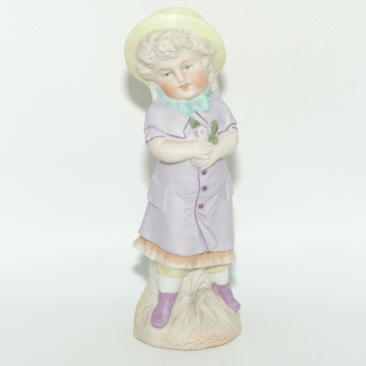 Victorian era Bisque figure of a Girl in Yellow Bonnet