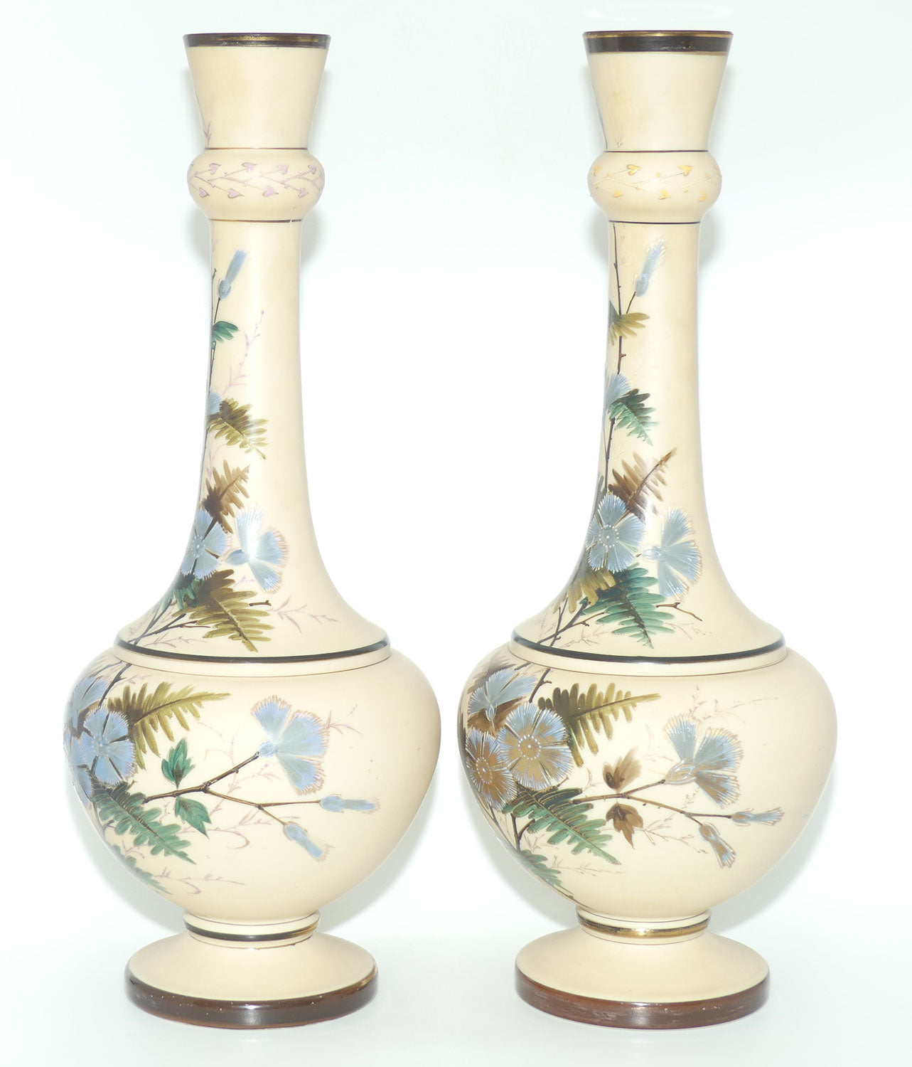 Pair Tall Victorian hand painted Custard glass mantle vases