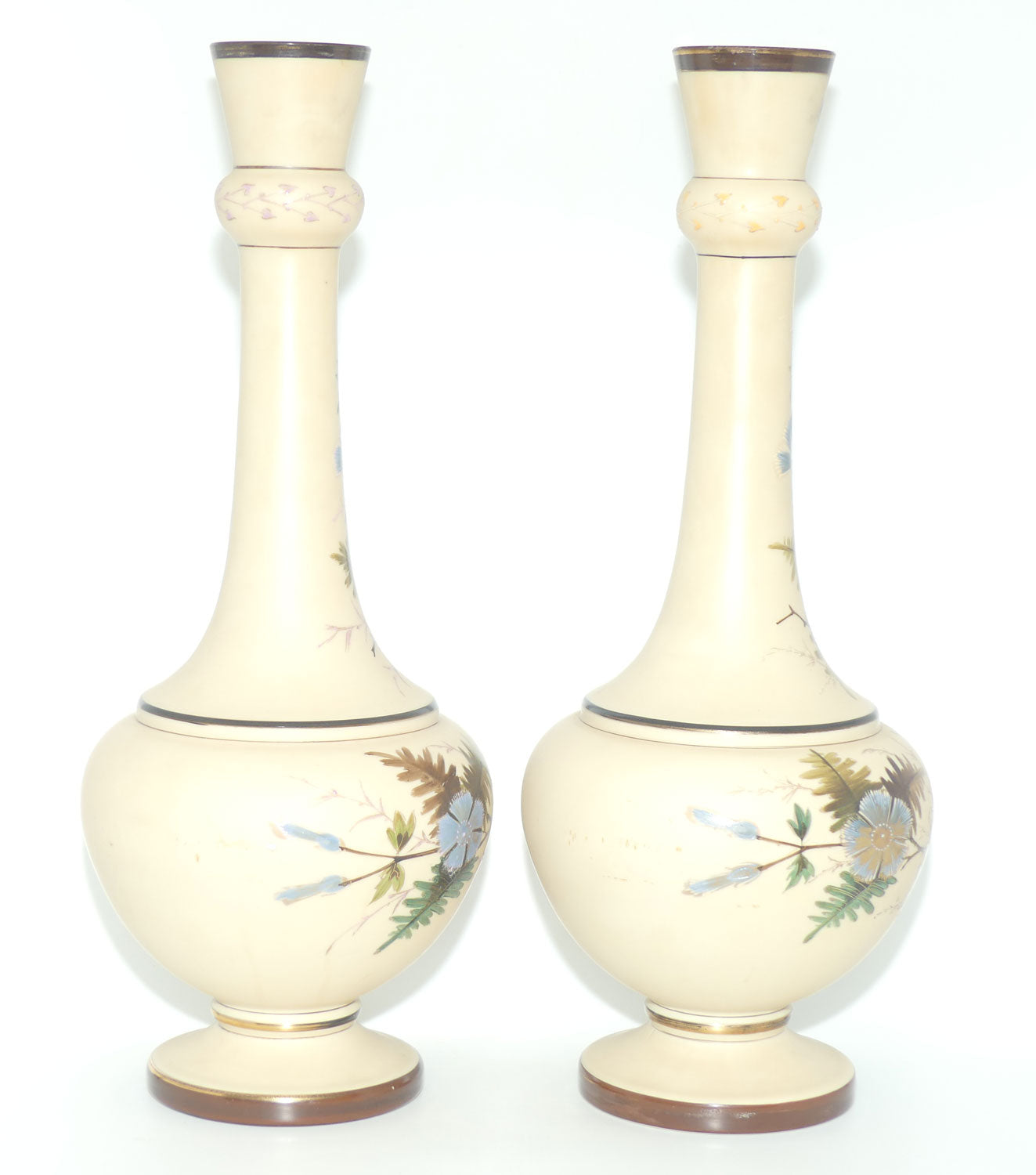 Pair Tall Victorian hand painted Custard glass mantle vases