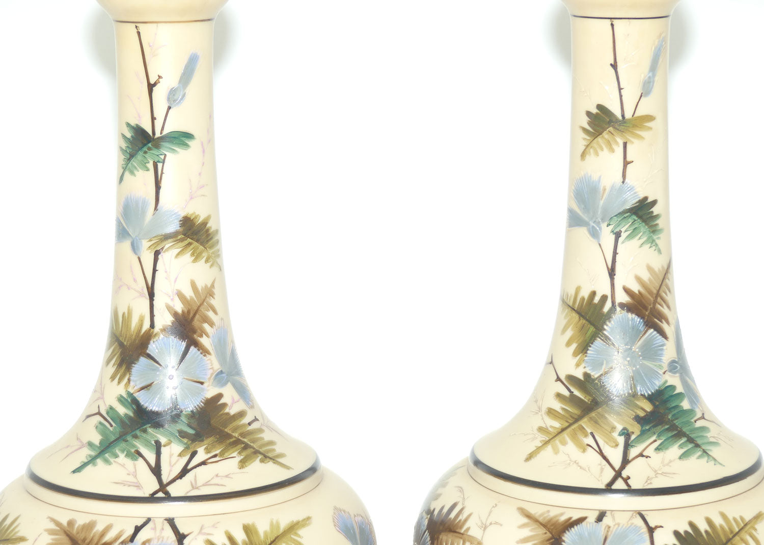 Pair Tall Victorian hand painted Custard glass mantle vases