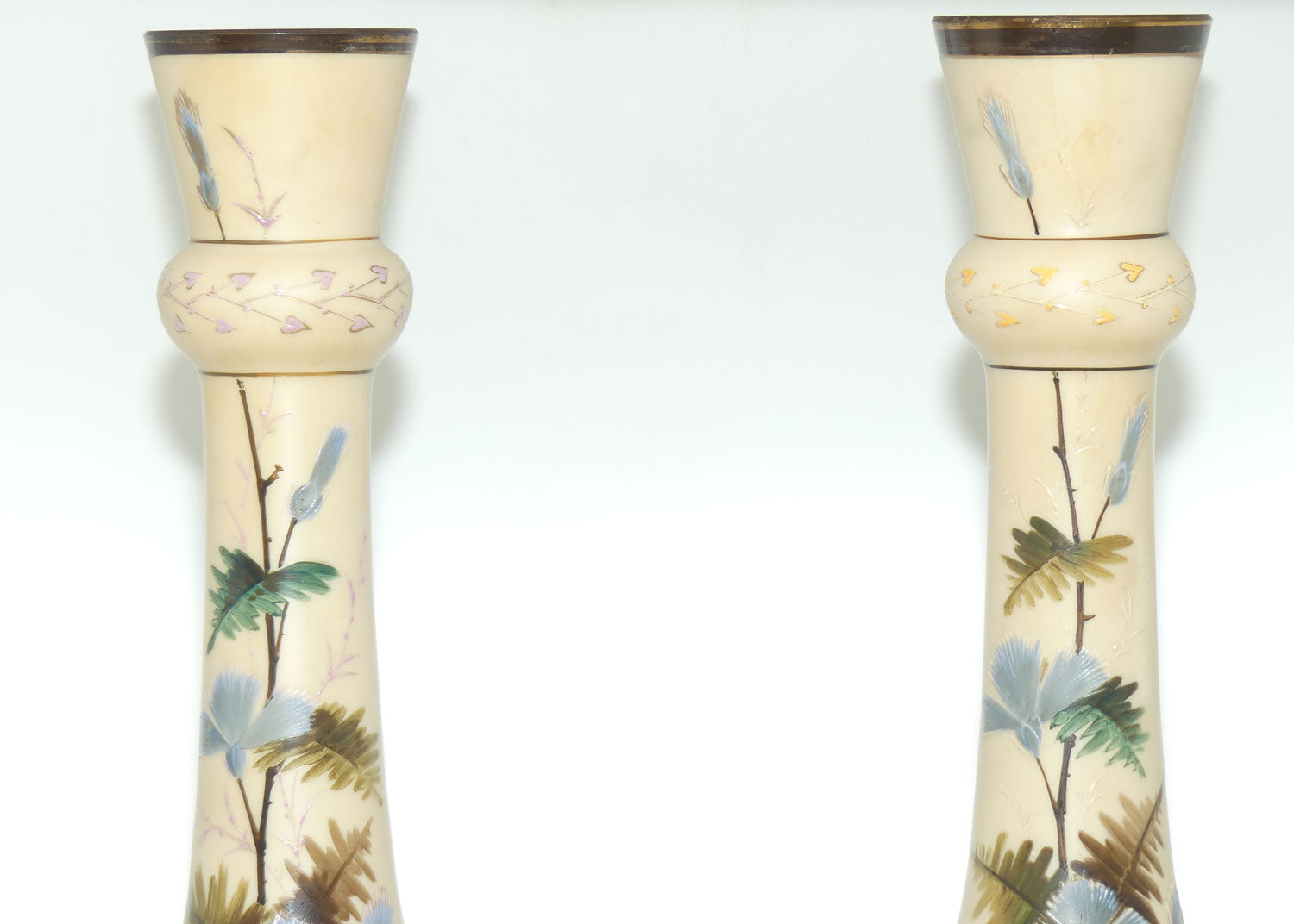 Pair Tall Victorian hand painted Custard glass mantle vases
