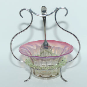 Victorian era Cranberry and Uranium Glass bowl in silver plated stand with spoon