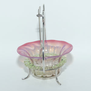 Victorian era Cranberry and Uranium Glass bowl in silver plated stand with spoon