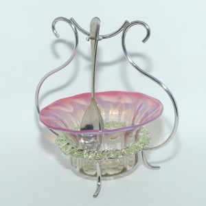 Victorian era Cranberry and Uranium Glass bowl in silver plated stand with spoon