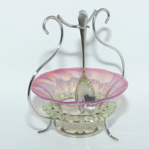 Victorian era Cranberry and Uranium Glass bowl in silver plated stand with spoon