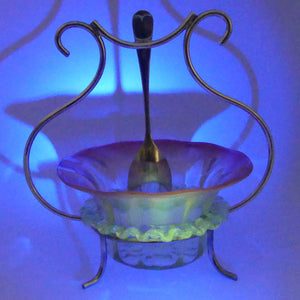 Victorian era Cranberry and Uranium Glass bowl in silver plated stand with spoon