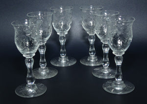 Victorian era Fine Floral Decorated Crystal set of 6 Liqueur glasses