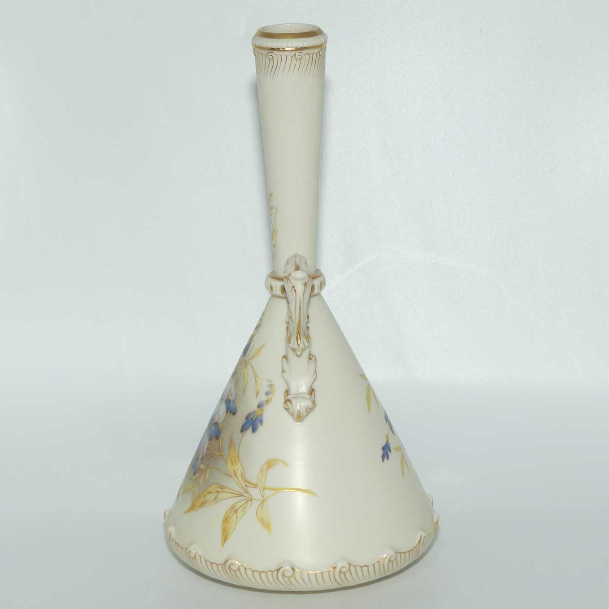 Royal Worcester Blush Ivory hand painted violets tall narrow neck vase with gilt handles