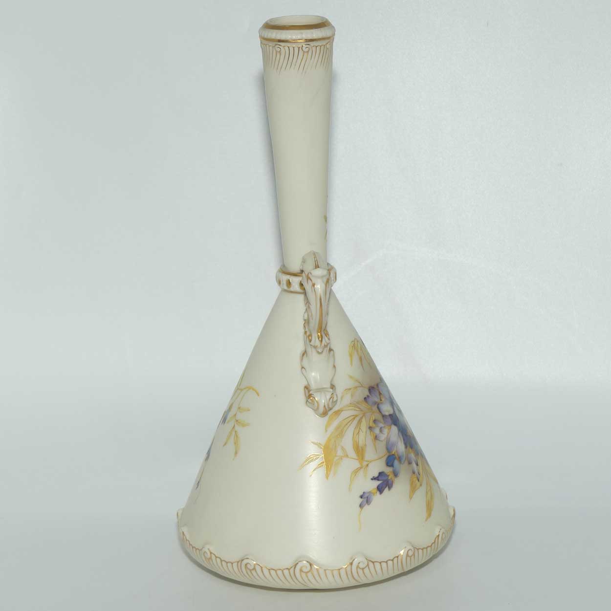 Royal Worcester Blush Ivory hand painted violets tall narrow neck vase with gilt handles