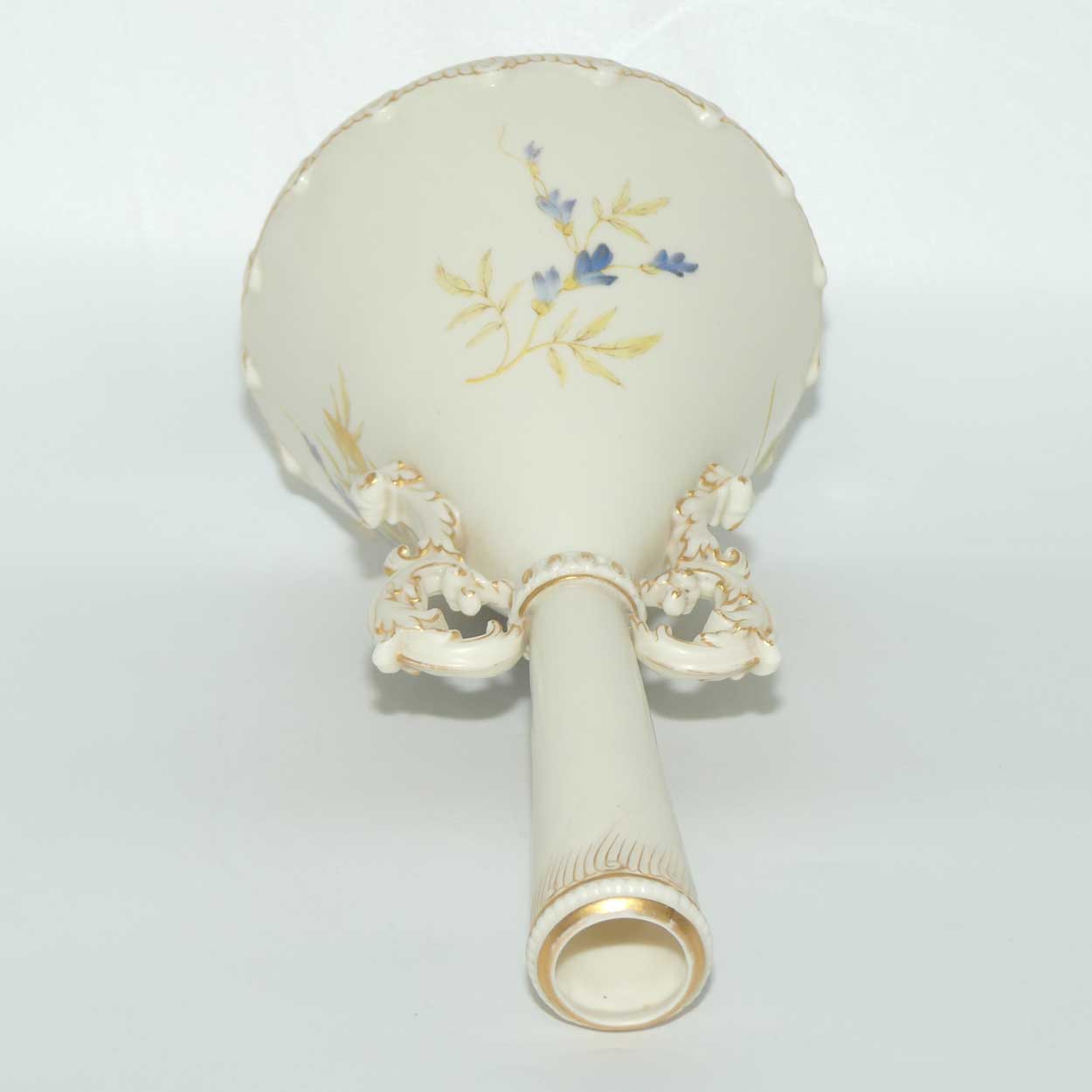 Royal Worcester Blush Ivory hand painted violets tall narrow neck vase with gilt handles