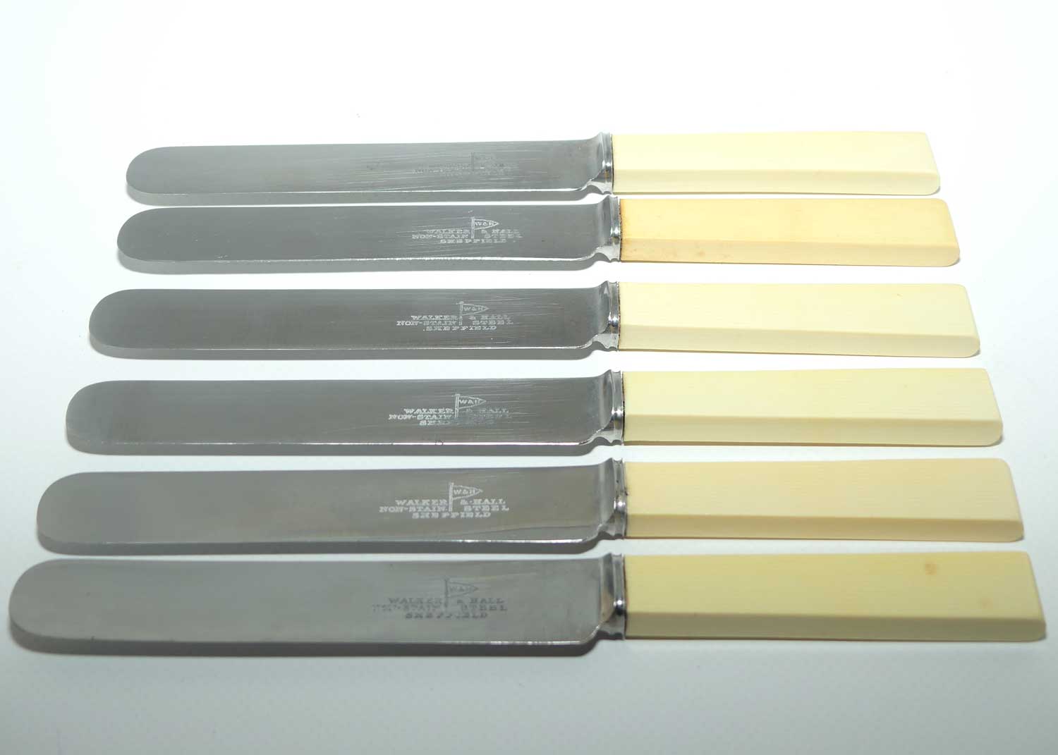 Walker and Hall Faux Bone Handle set of 6 knives | Stainless Blades | 20cm long | boxed