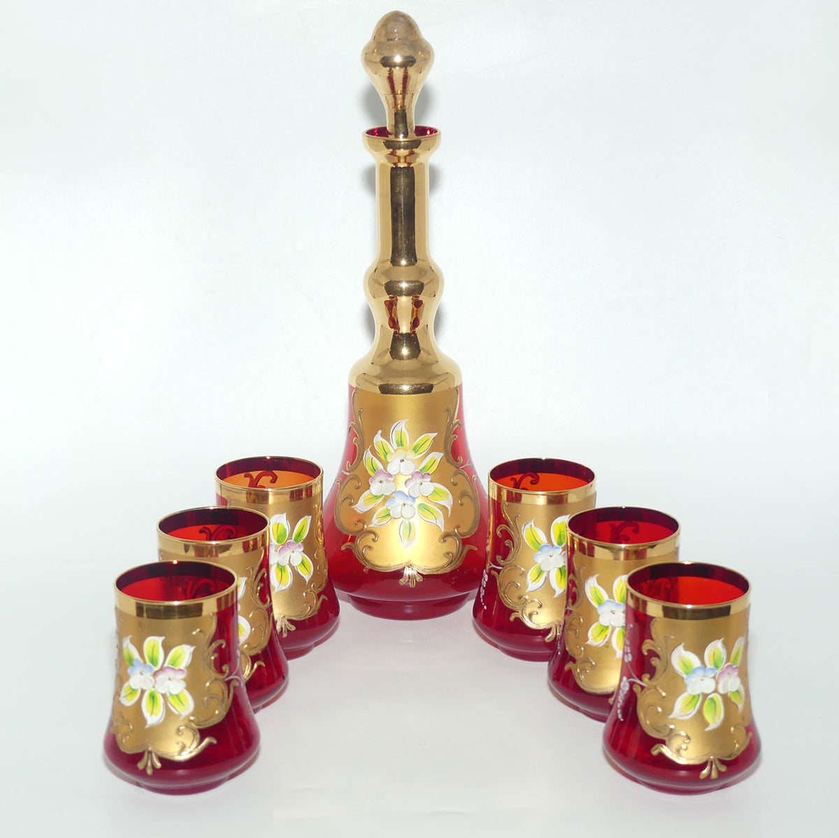 Vintage Venetian Glass decanter and 6 glasses set | High Gilt and Floral Decor on Ruby