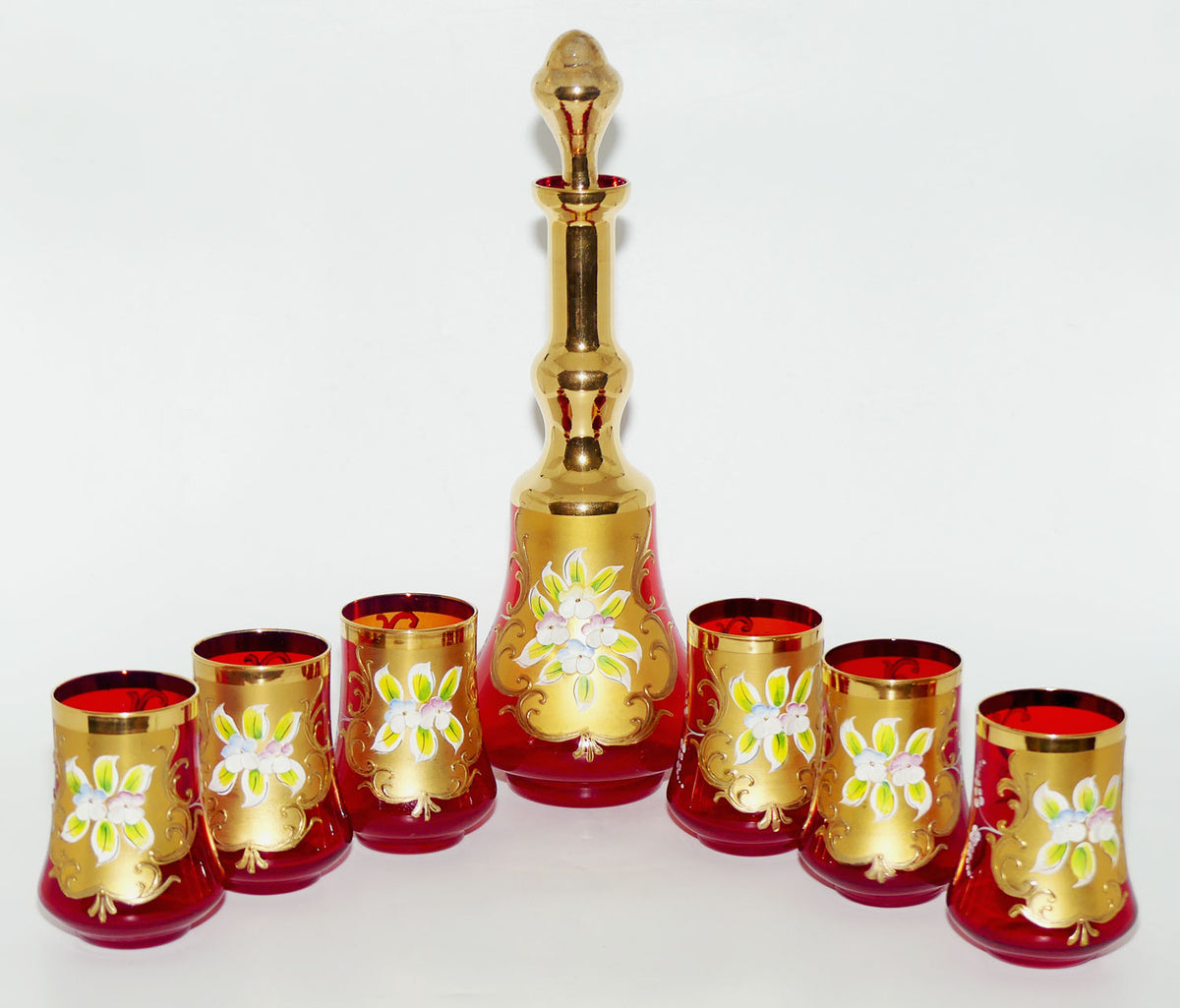 Vintage Venetian Glass decanter and 6 glasses set | High Gilt and Floral Decor on Ruby