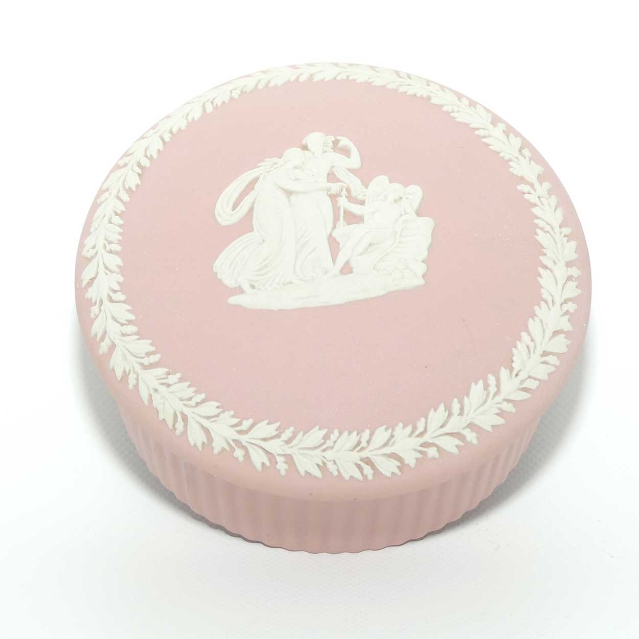 Wedgwood Jasper | White on Pink | Grecian Maidens trinket | Round with Ribbed base