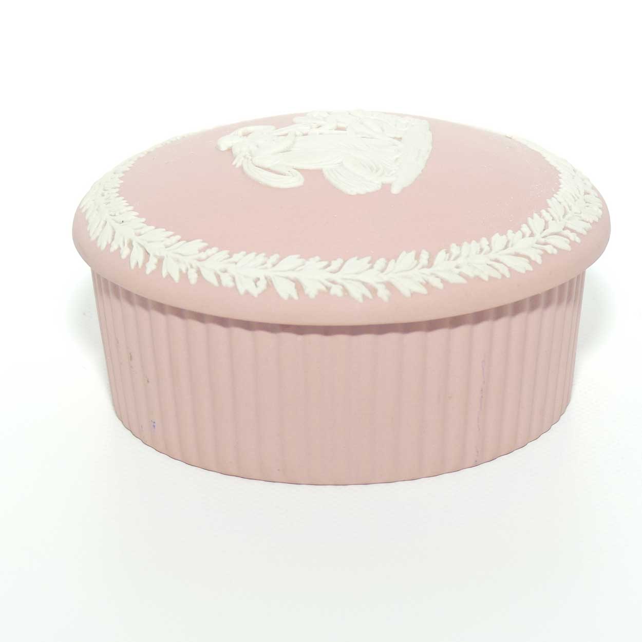 Wedgwood Jasper | White on Pink | Grecian Maidens trinket | Round with Ribbed base