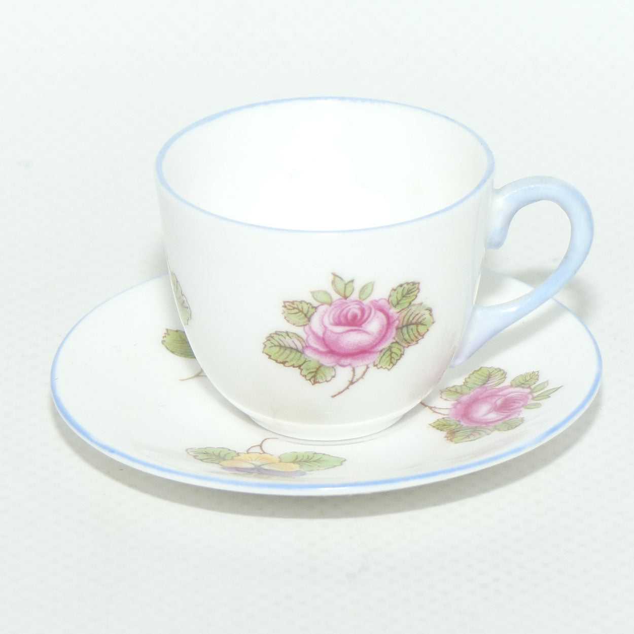 Shelley Westminster shape miniature Rose, Pansy & Forget me Not duo