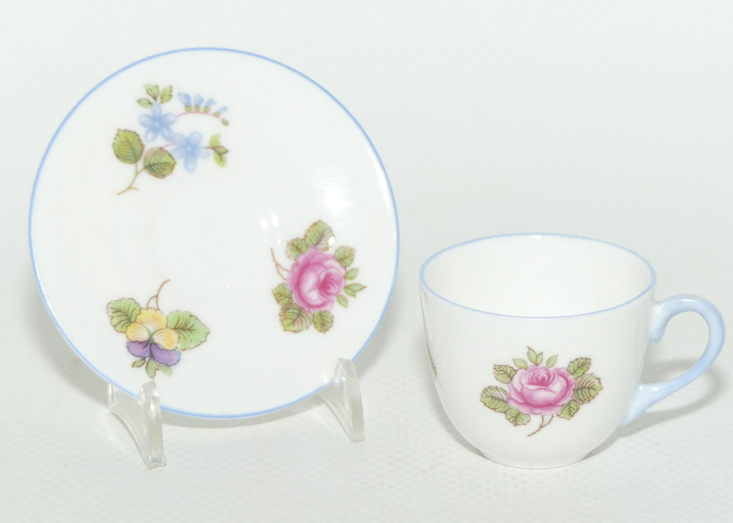 Shelley Westminster shape miniature Rose, Pansy & Forget me Not duo