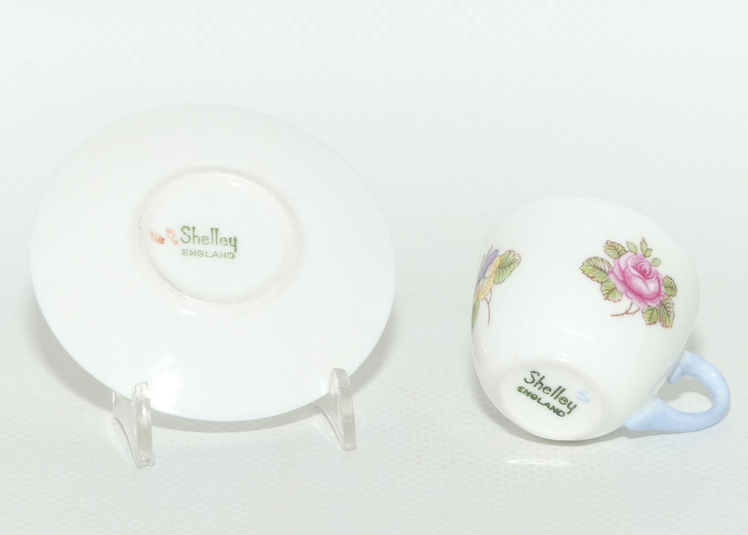 Shelley Westminster shape miniature Rose, Pansy & Forget me Not duo