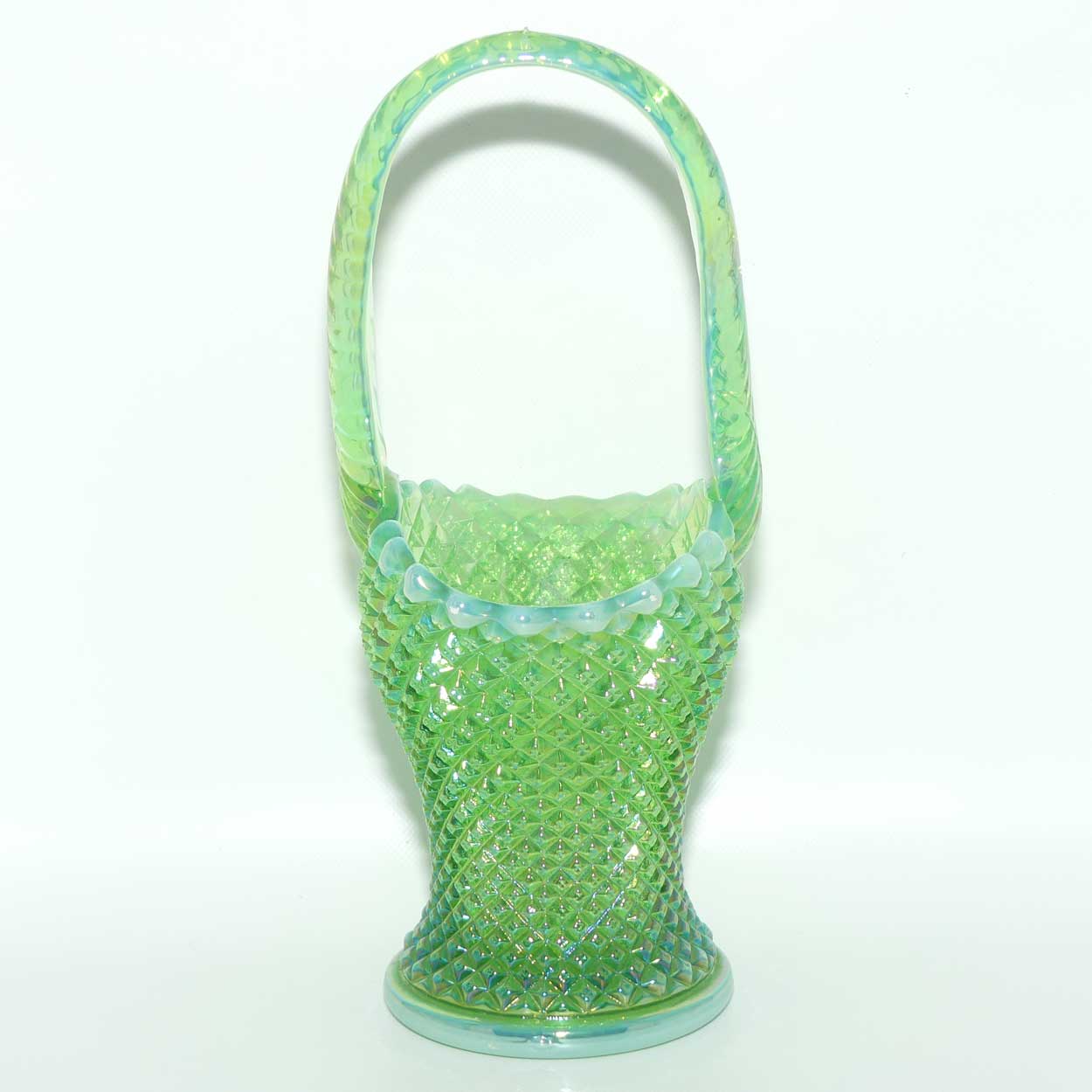 Vintage Westmoreland Carnival Glass | Hobnail on Apple Green Basket and Slight Opalescent