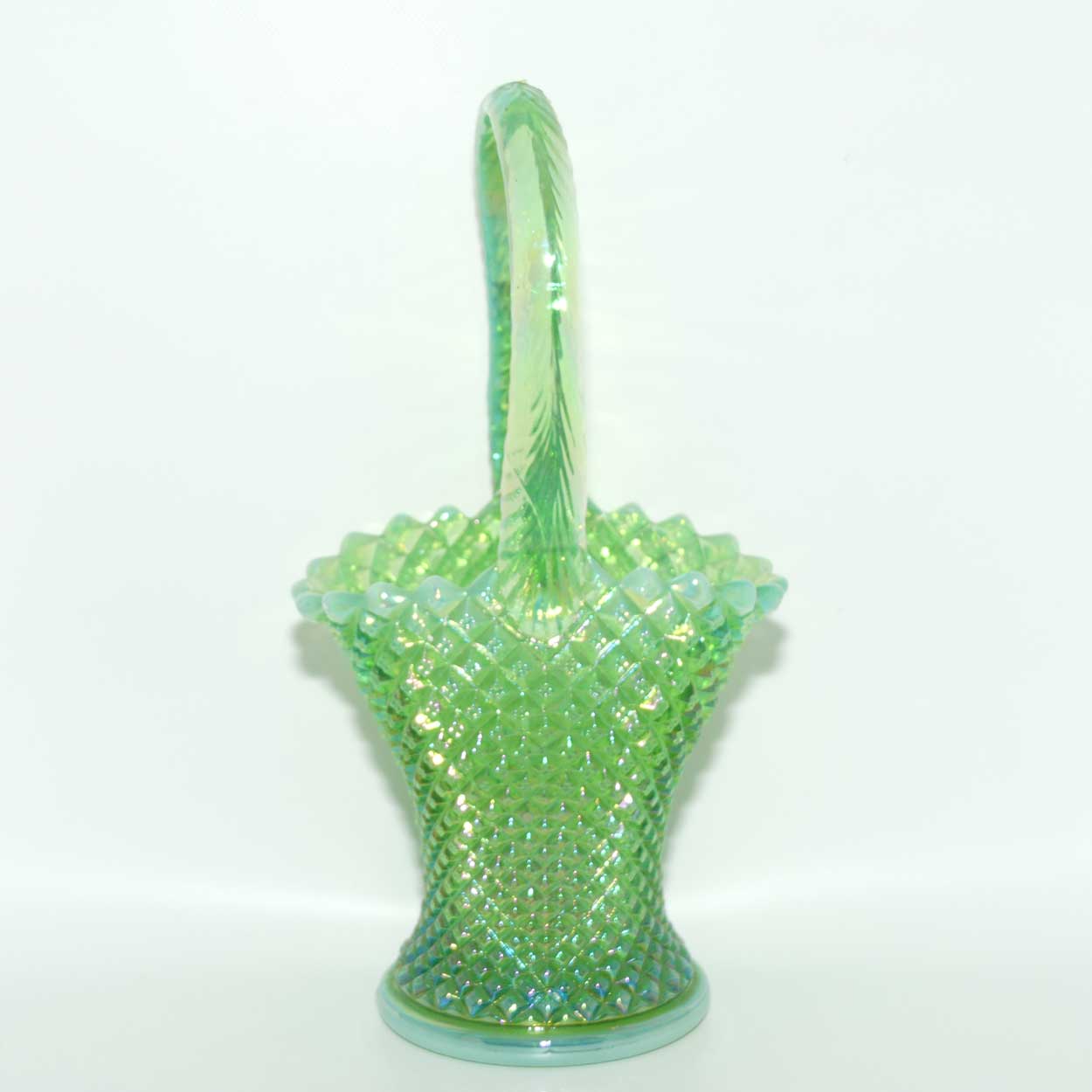 Vintage Westmoreland Carnival Glass | Hobnail on Apple Green Basket and Slight Opalescent