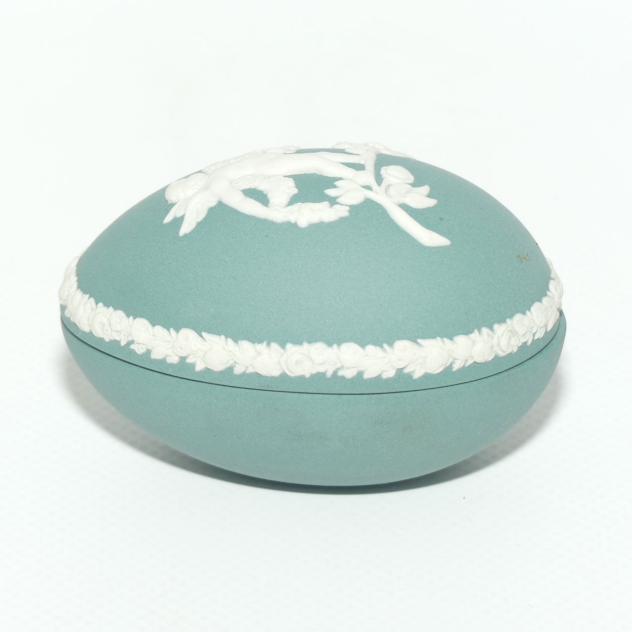 Wedgwood Jasper | White on Teal | Cherub Egg shape trinket box