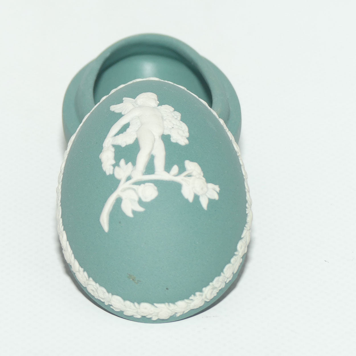 Wedgwood Jasper | White on Teal | Cherub Egg shape trinket box