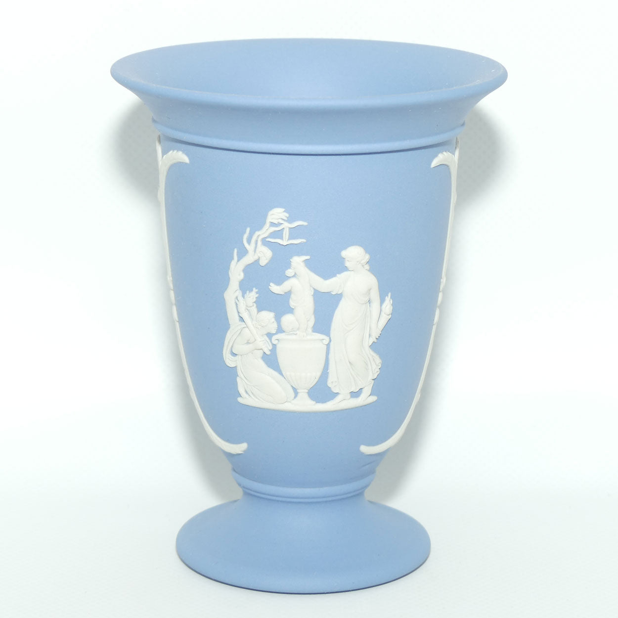 Wedgwood Jasper | White on Pale Blue trumpet shape vase | 2 Main Scenes | 13.5cm tall
