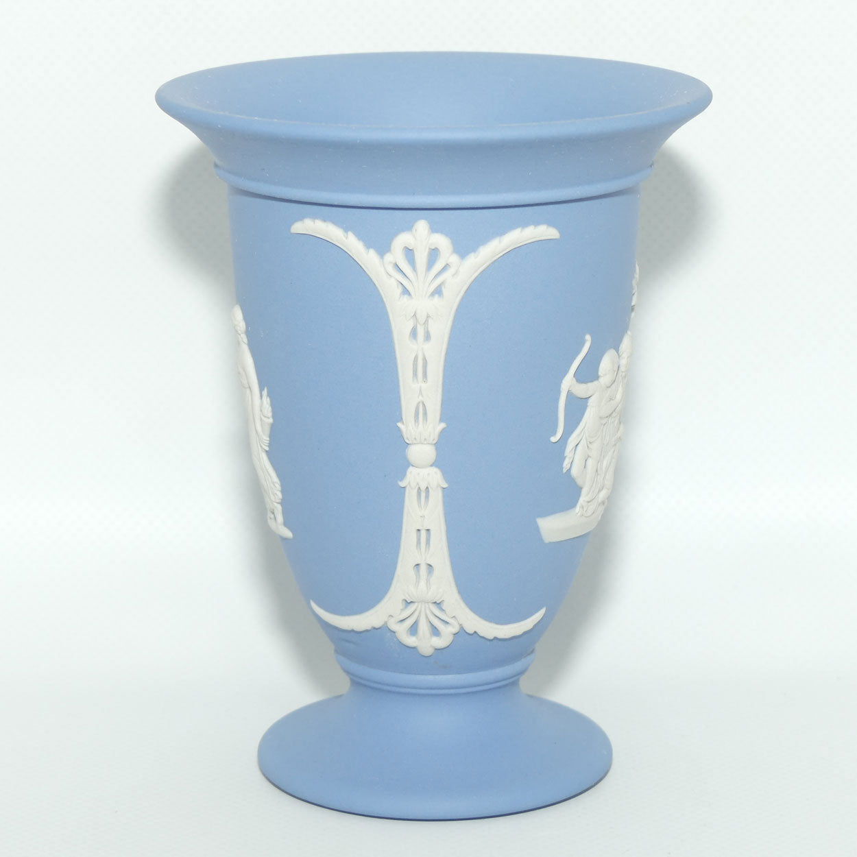 Wedgwood Jasper | White on Pale Blue trumpet shape vase | 2 Main Scenes | 13.5cm tall