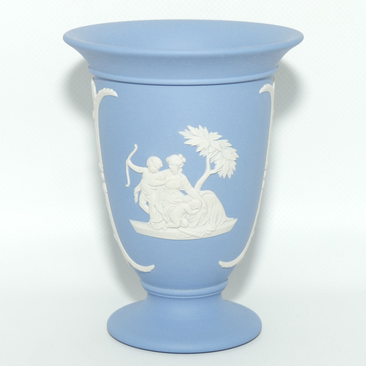 Wedgwood Jasper | White on Pale Blue trumpet shape vase | 2 Main Scenes | 13.5cm tall