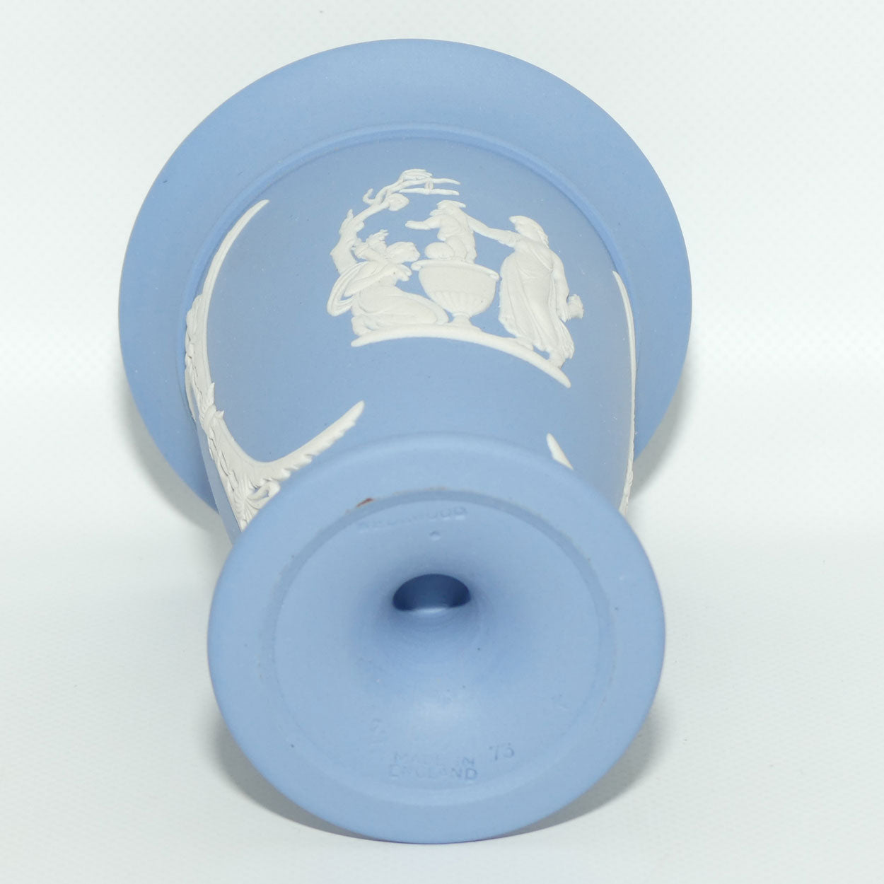 Wedgwood Jasper | White on Pale Blue trumpet shape vase | 2 Main Scenes | 13.5cm tall