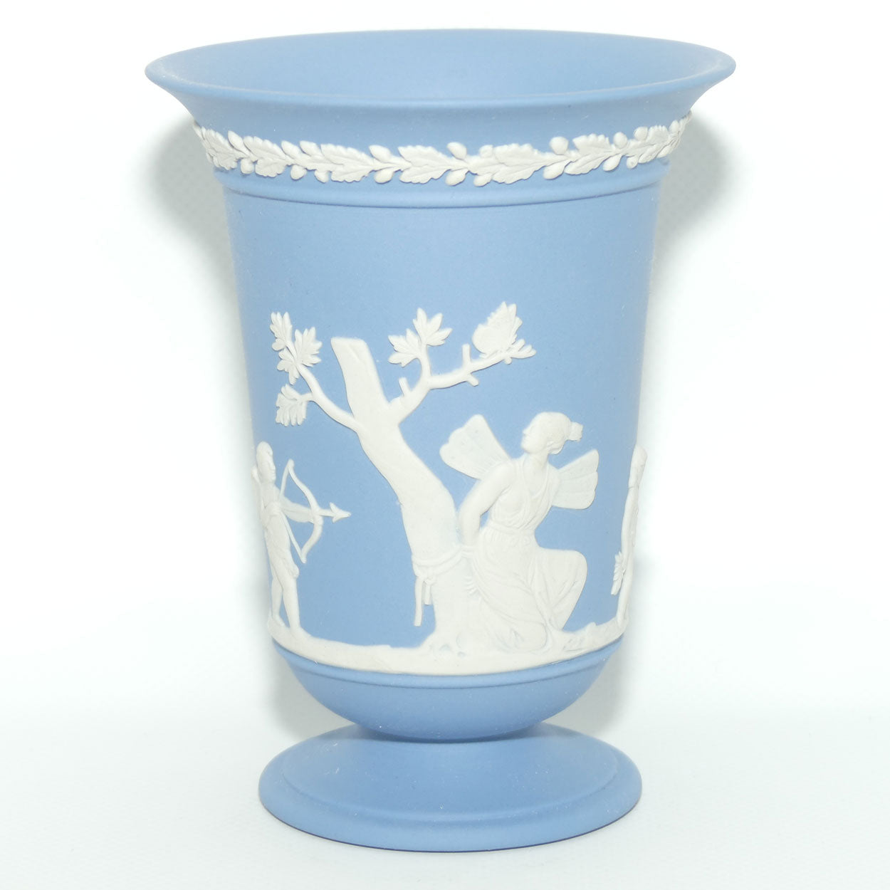 Wedgwood Jasper | White on Pale Blue trumpet shape vase | Maiden captured by Cupid | 13.5cm tall