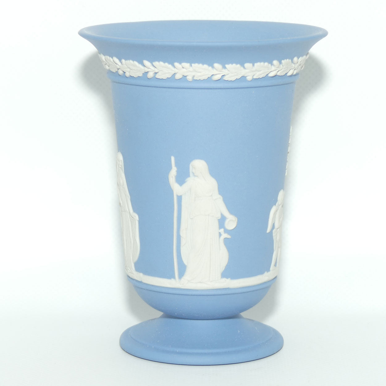 Wedgwood Jasper | White on Pale Blue trumpet shape vase | Maiden captured by Cupid | 13.5cm tall