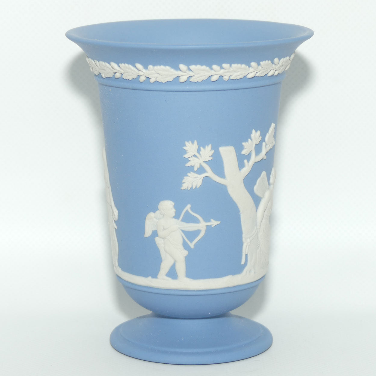 Wedgwood Jasper | White on Pale Blue trumpet shape vase | Maiden captured by Cupid | 13.5cm tall