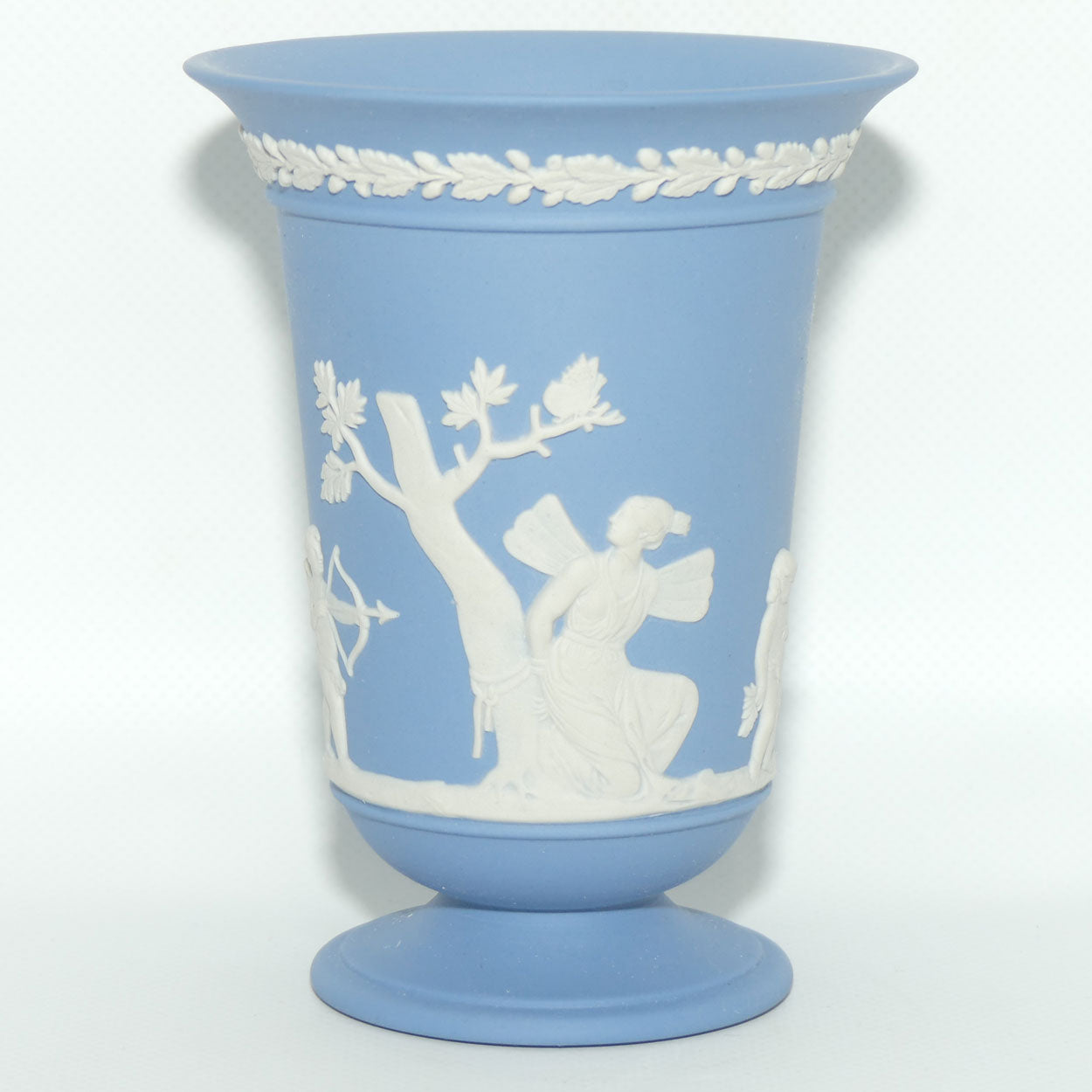 Wedgwood Jasper | White on Pale Blue trumpet shape vase | Maiden captured by Cupid | 13.5cm tall