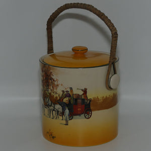 Royal Doulton Coaching Days biscuit barrel with wicker handle