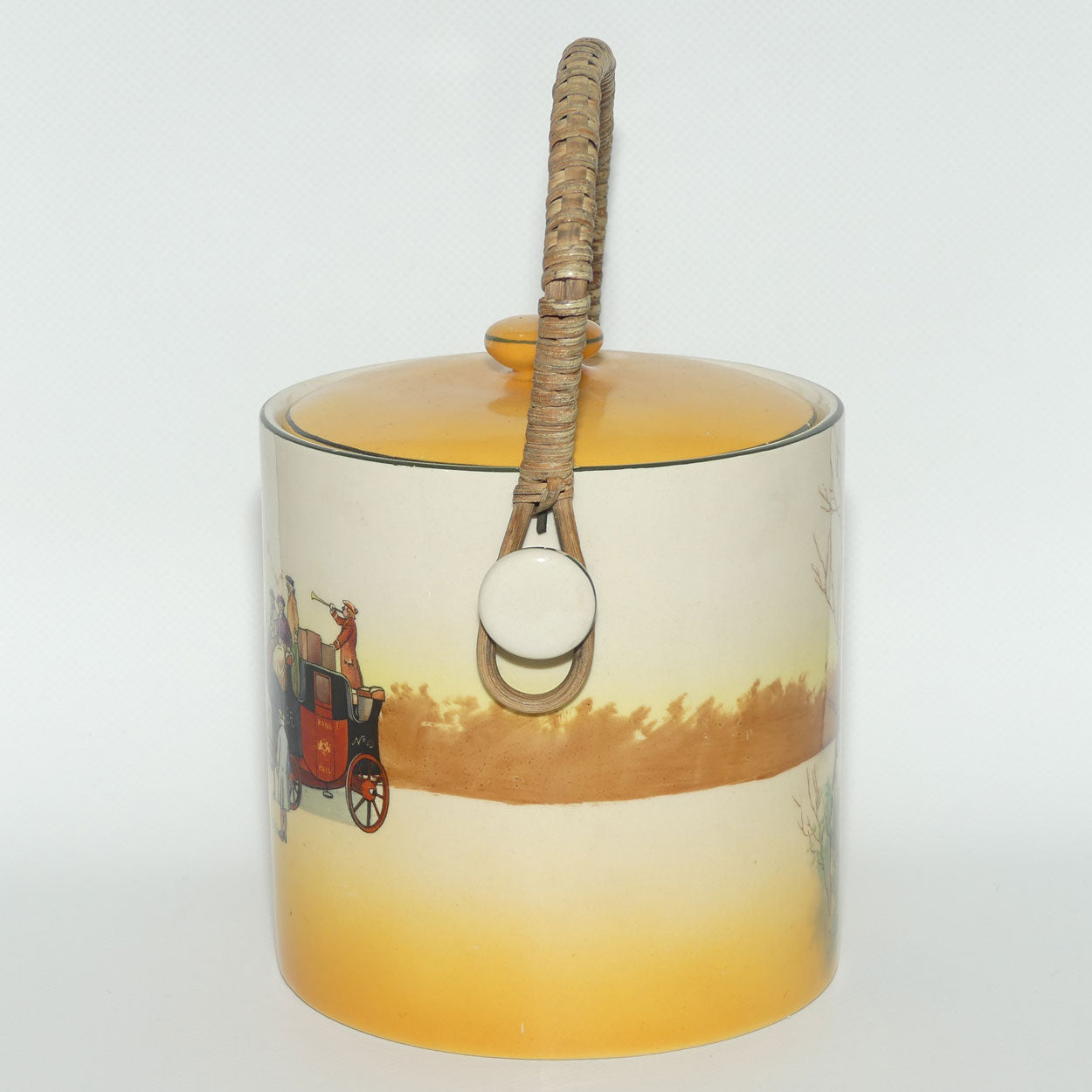 Royal Doulton Coaching Days biscuit barrel with wicker handle