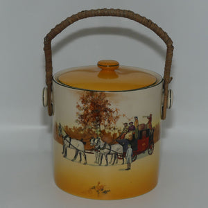 Royal Doulton Coaching Days biscuit barrel with wicker handle