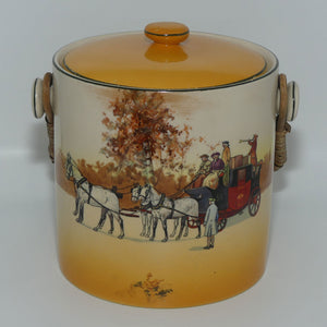 Royal Doulton Coaching Days biscuit barrel with wicker handle